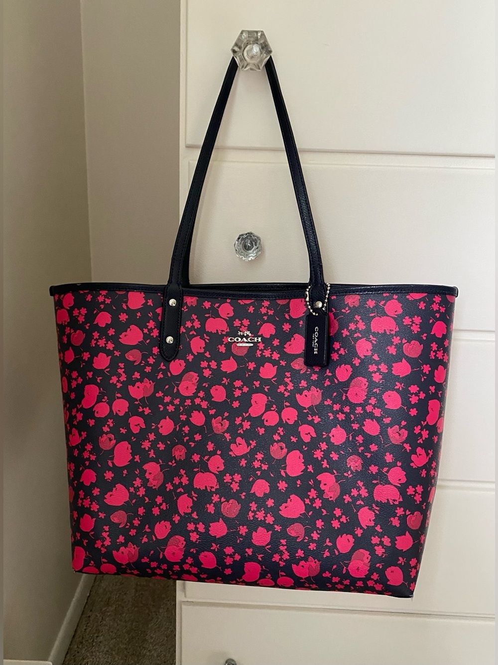 Coach Navy Tote with Hot Pink Floral Print, Reversible